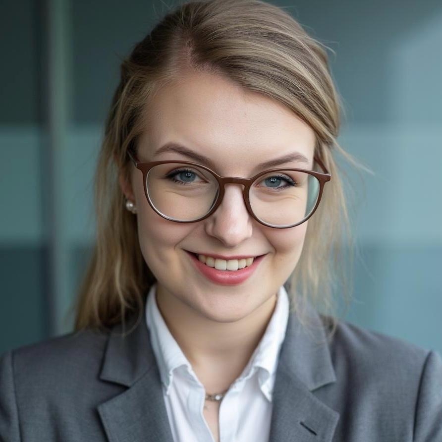 Immobilienberaterin Jule Wolske im Anzug vor Hintergrund