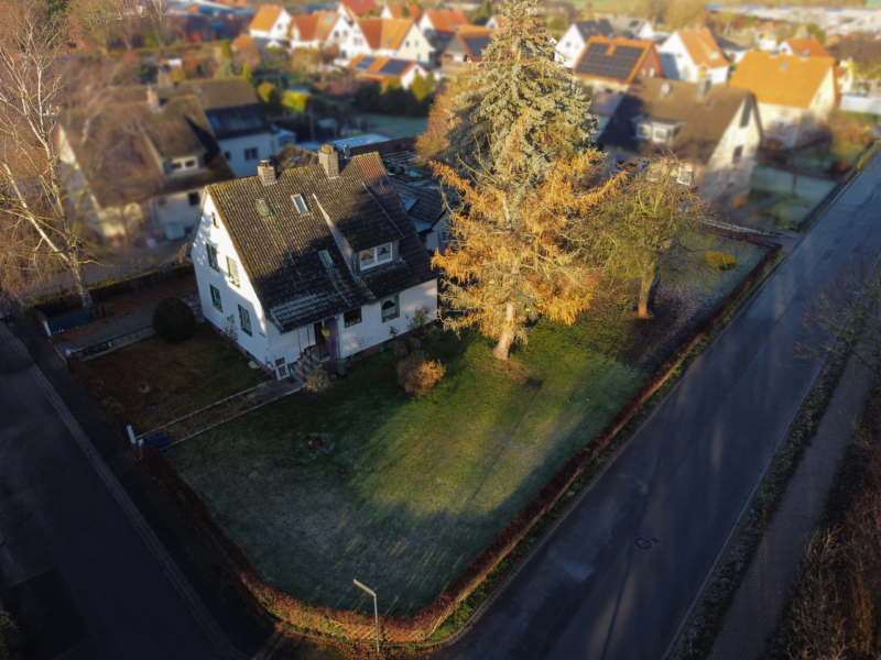Haus mit Garten und Bäumen