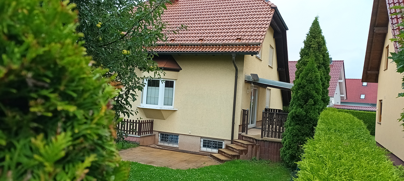 Hausansicht mit Terrasse, Garten und Apfelbaum in Nordhausen