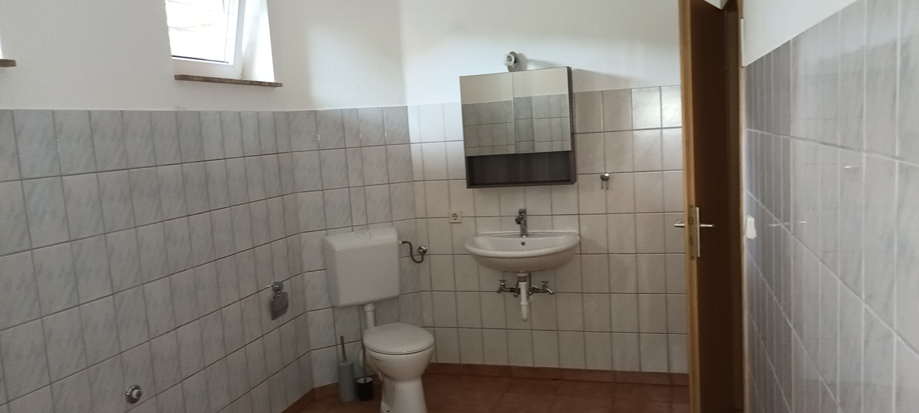 Gefliestes Badezimmer im Kellergeschoss mit WC, Waschbecken und Spiegelschrank im Einfamilienhaus in Nordhausen