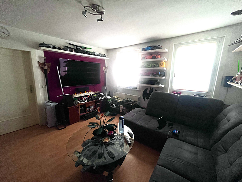 Wohnzimmer mit großem Fenster und Ecksofa in Braunschweig